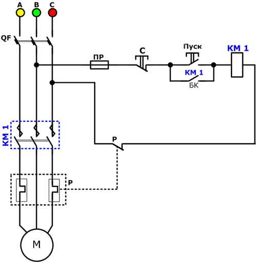 Схема нереверсивного магнитного пускателя